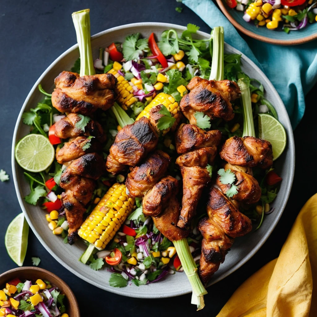 Six golden-brown chicken drumsticks nestled beside a colorful salad of yellow corn, red bell peppers, and green cilantro.