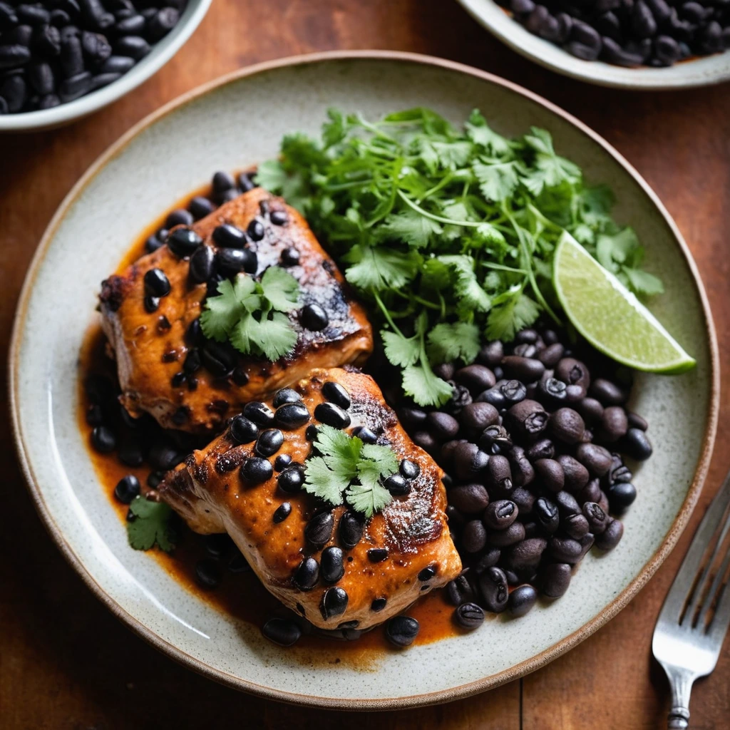 Plump chicken thighs nestled in a vibrant orange sauce with black beans, garnished with fresh cilantro on a rustic plate.