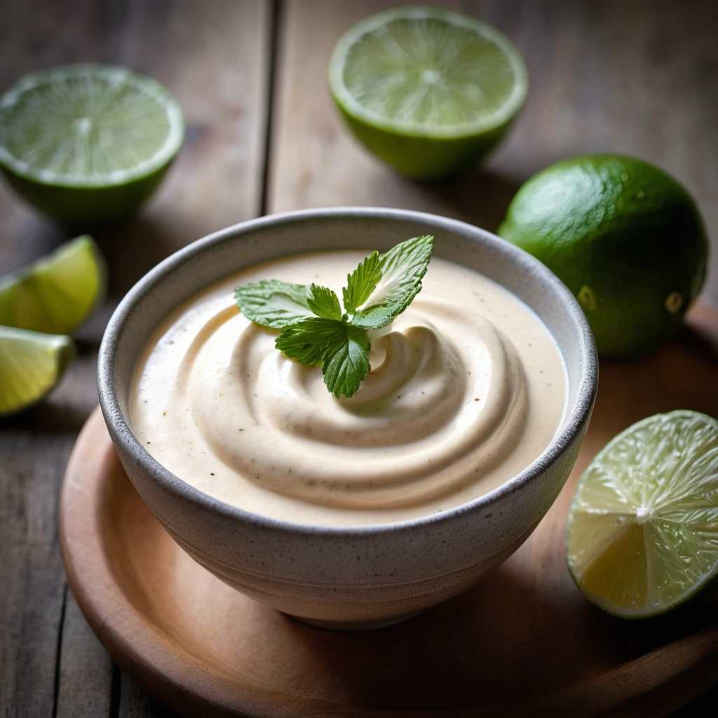 Creamy orange sauce in a small bowl with a lime wedge garnish on a rustic wooden table.