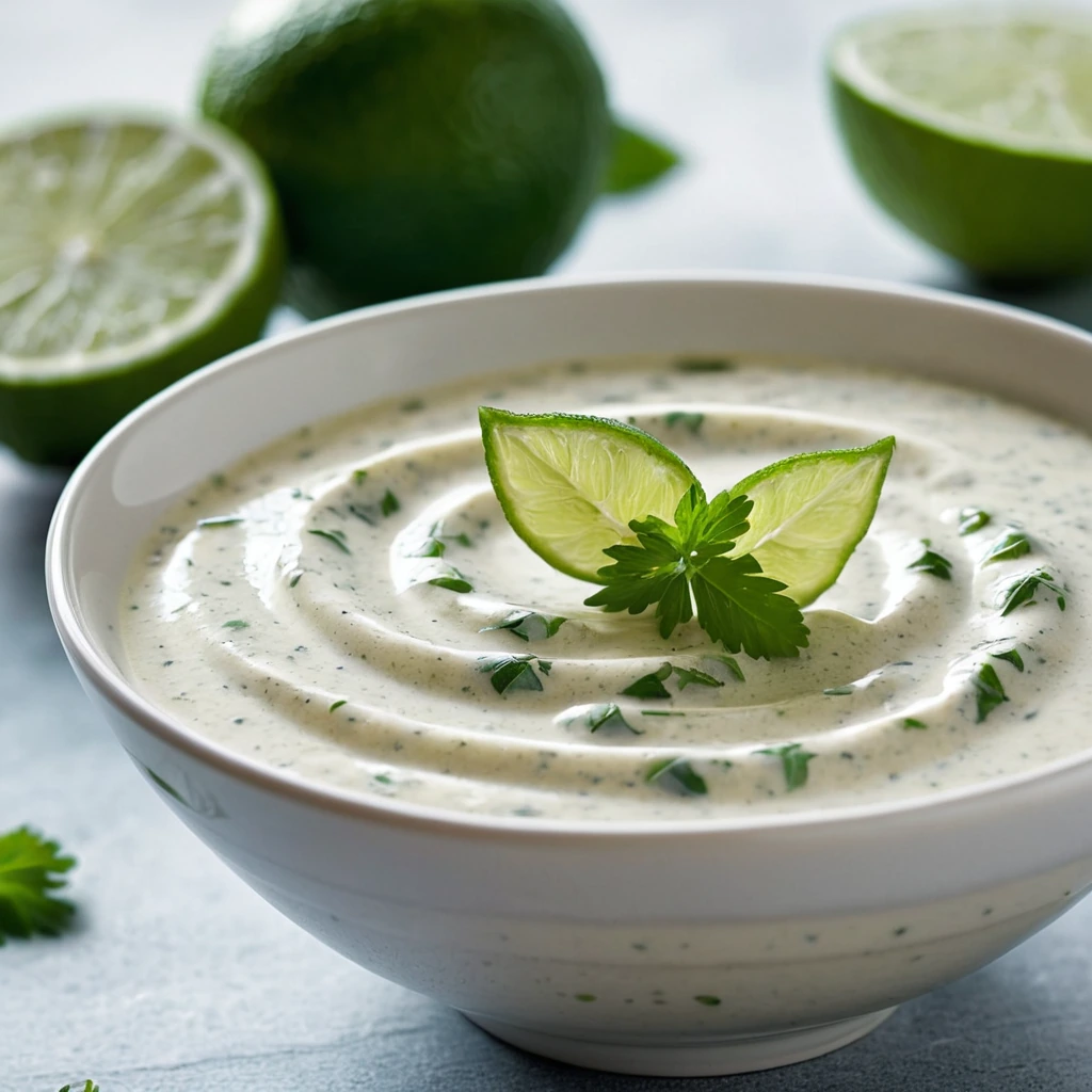 Creamy dressing in a bowl with a swirl pattern, flecks of green herbs, and a vibrant lime wedge on the side.