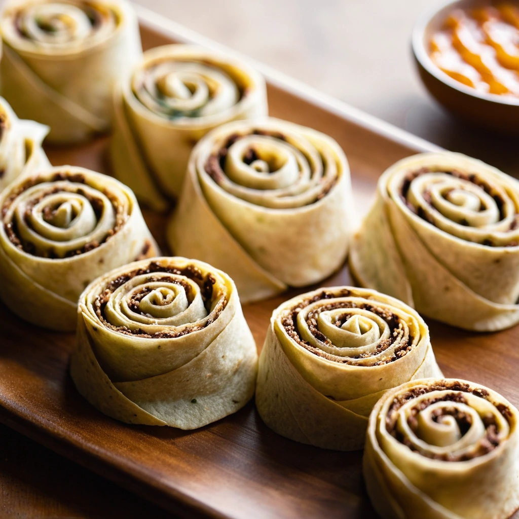 Golden pinwheels on a platter with a hint of orange cheese peeking through.