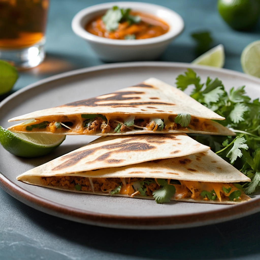Triangular quesadilla wedges on a plate, golden brown with melted cheese, garnished with fresh cilantro.