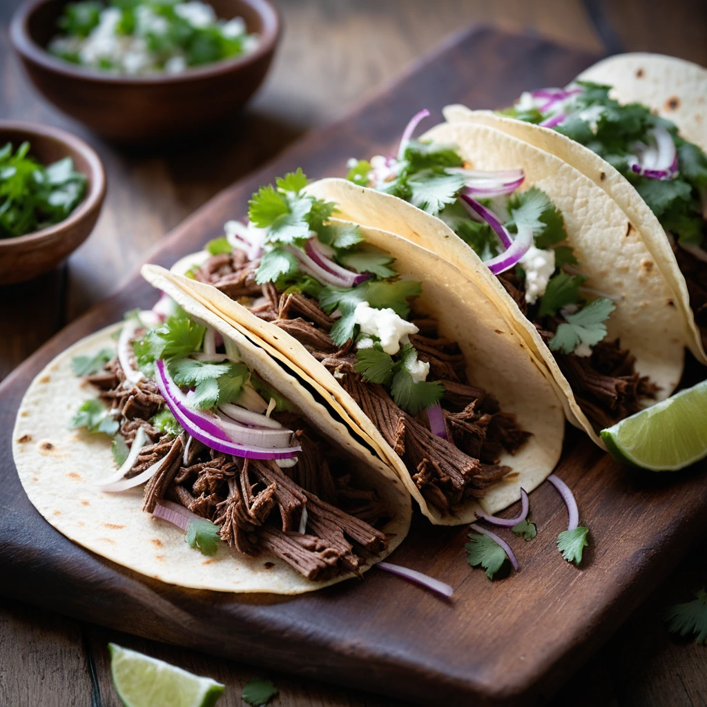 Warm corn tortillas filled with shredded beef, topped with fresh cilantro and diced onions on a rustic wooden board.