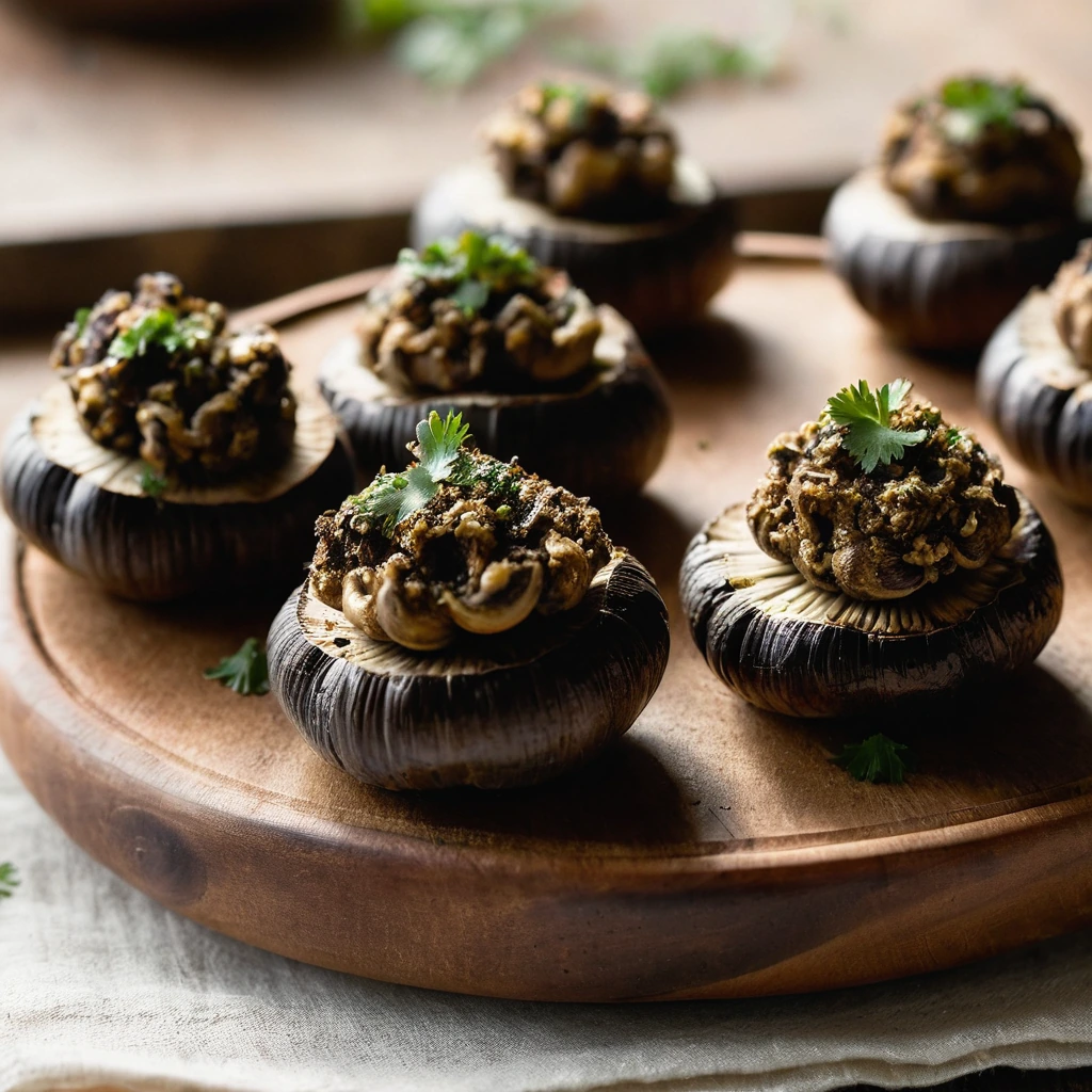 A platter of golden-brown mushrooms stuffed with a dark, smoky mixture, arranged in a rustic pattern.