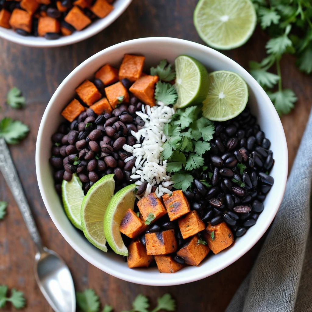 Colorful bowl with roasted sweet potato cubes, black beans, and fresh cilantro on a rustic wooden table.