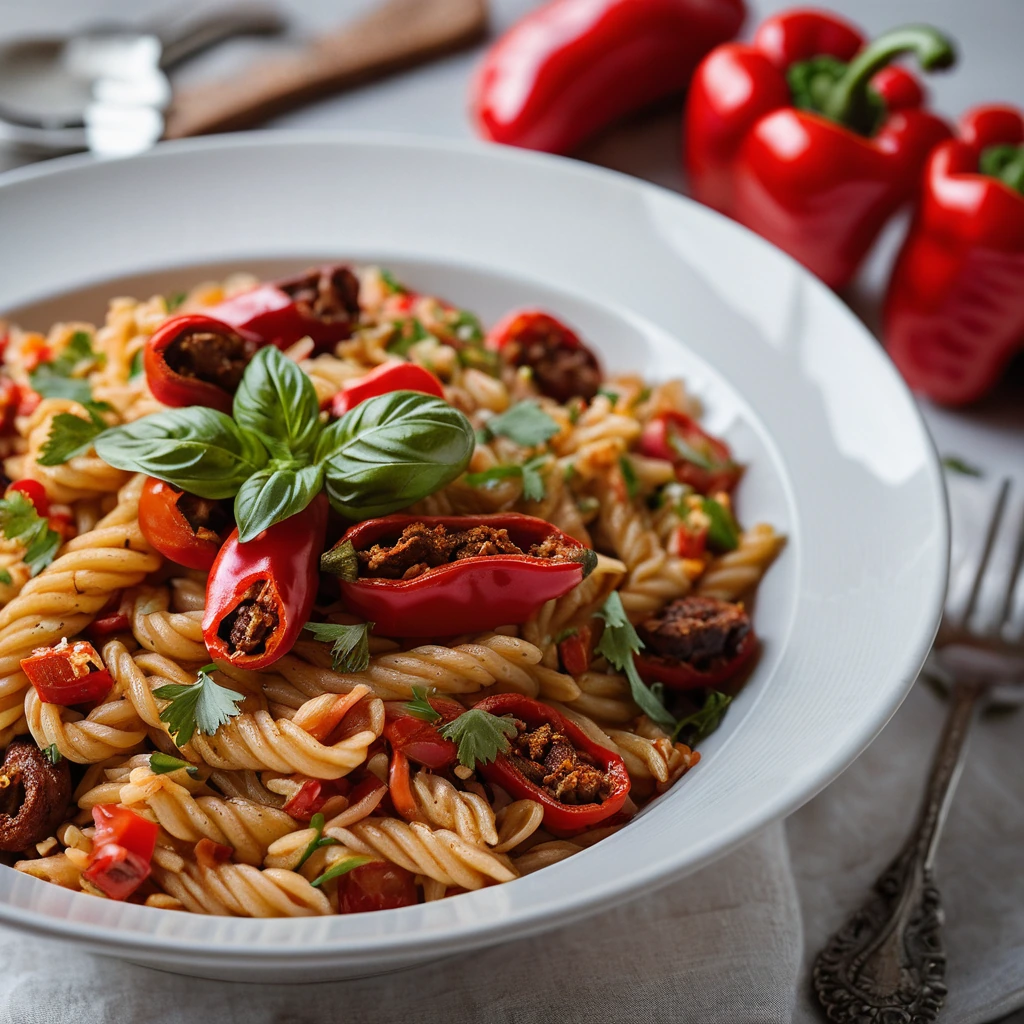 Golden orzo pasta in a creamy sauce with red roasted peppers and crumbled chorizo served in a white bowl.