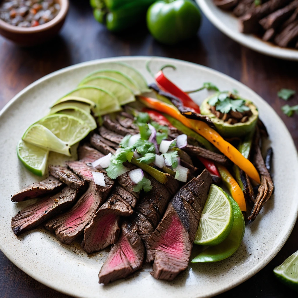 Grilled flank steak with vibrant bell peppers and onions served in a sizzling skillet.
