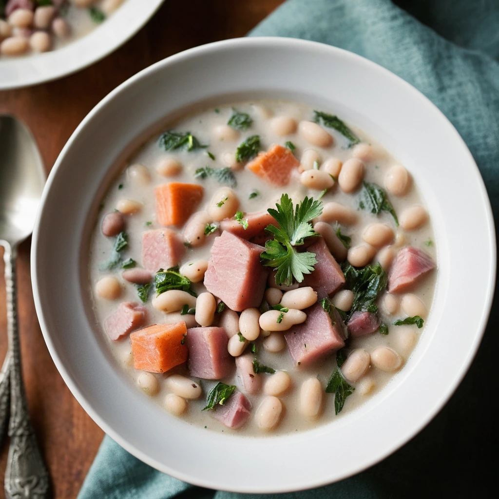 Steaming bowl of creamy white stew with chunks of ham and beans, garnished with fresh parsley.