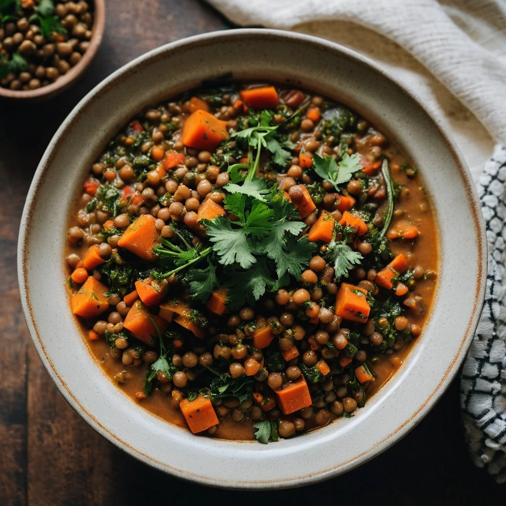 Bowl of colorful vegetable stew with lentils, topped with fresh parsley