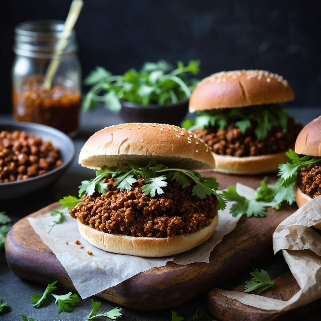 Rustic buns filled with a rich, smoky lentil mixture, garnished with fresh green parsley.