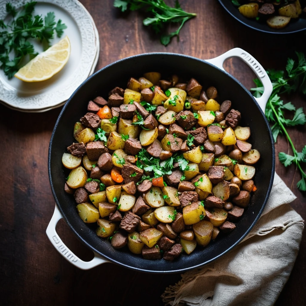 A rustic skillet filled with a colorful mix of diced potatoes, beef, and onions, dusted with paprika and garnished with fresh parsley.