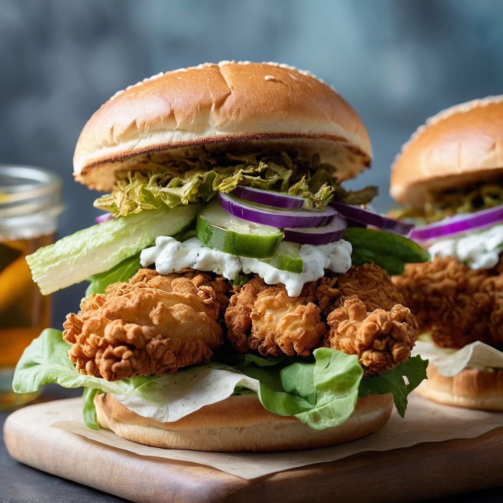 Golden fried chicken breasts on toasted buns with lettuce and pickles