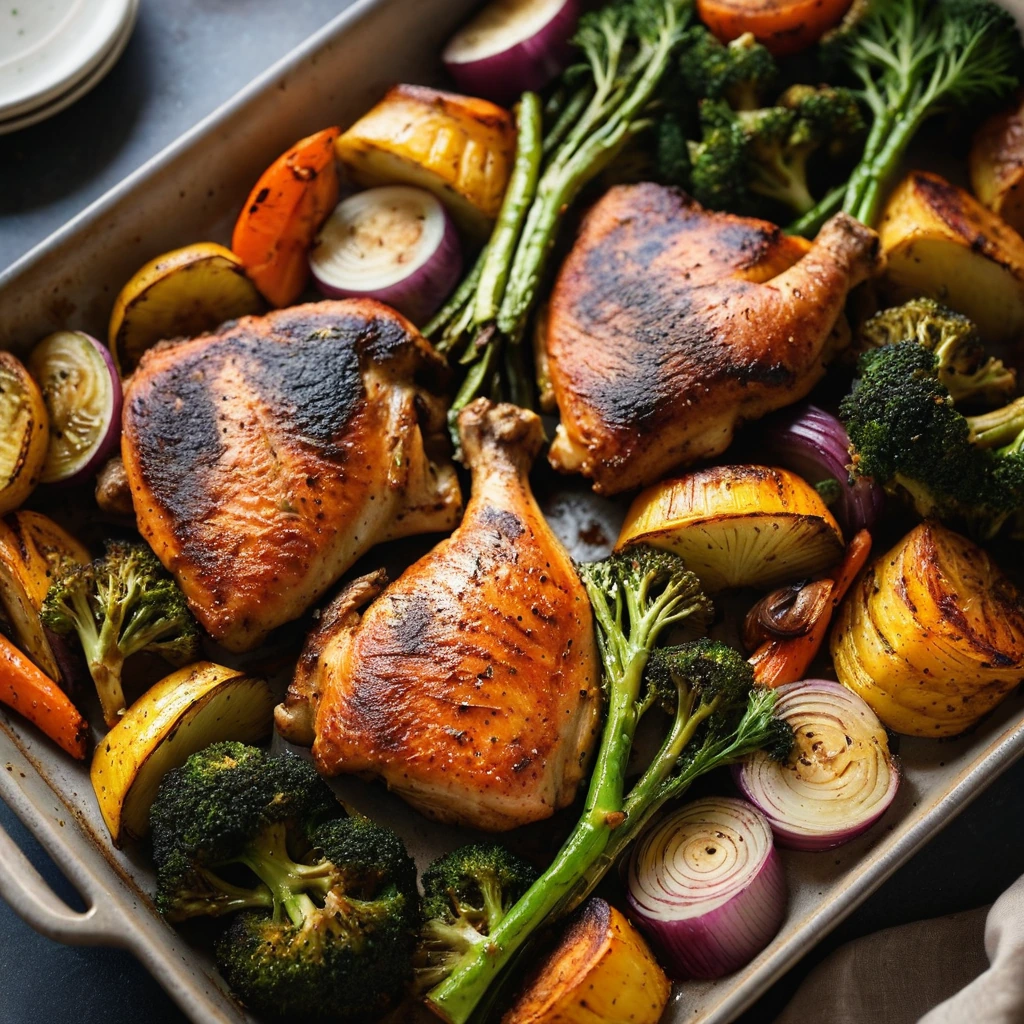 Browned chicken thighs nestled among golden roasted carrots, potatoes, and broccoli on a baking sheet.