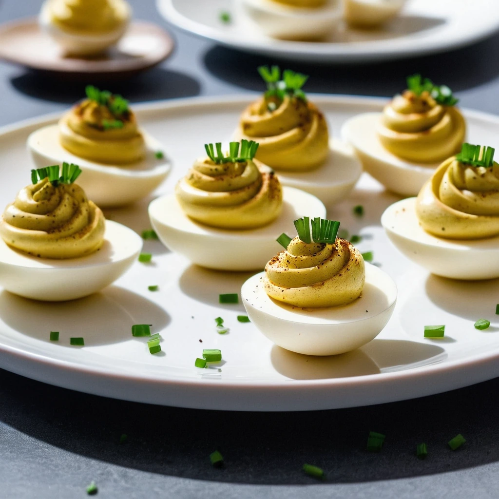 Six deviled eggs on a white plate, filled with a vibrant yellow mixture and dusted with paprika, garnished with green chives.