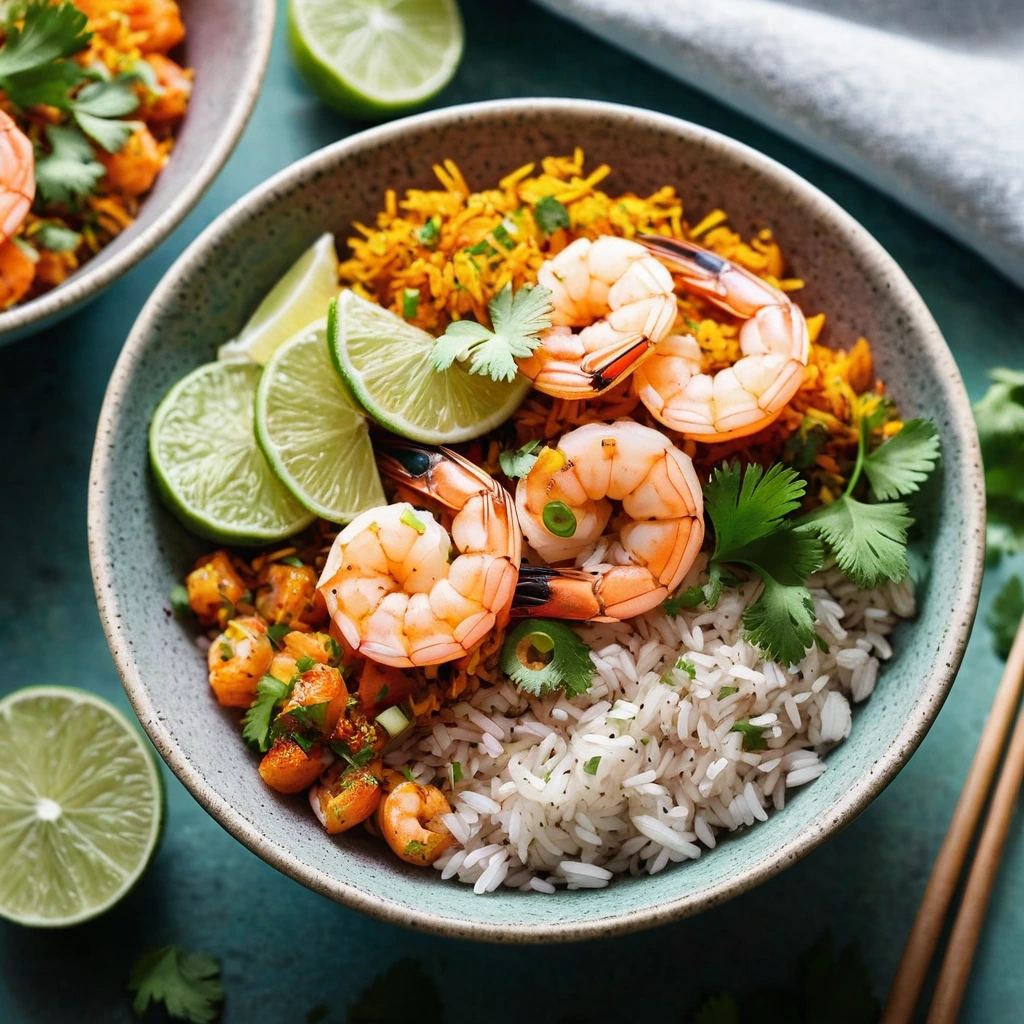 Colorful rice bowls with vibrant orange shrimp, fresh lime wedges, and chopped cilantro.