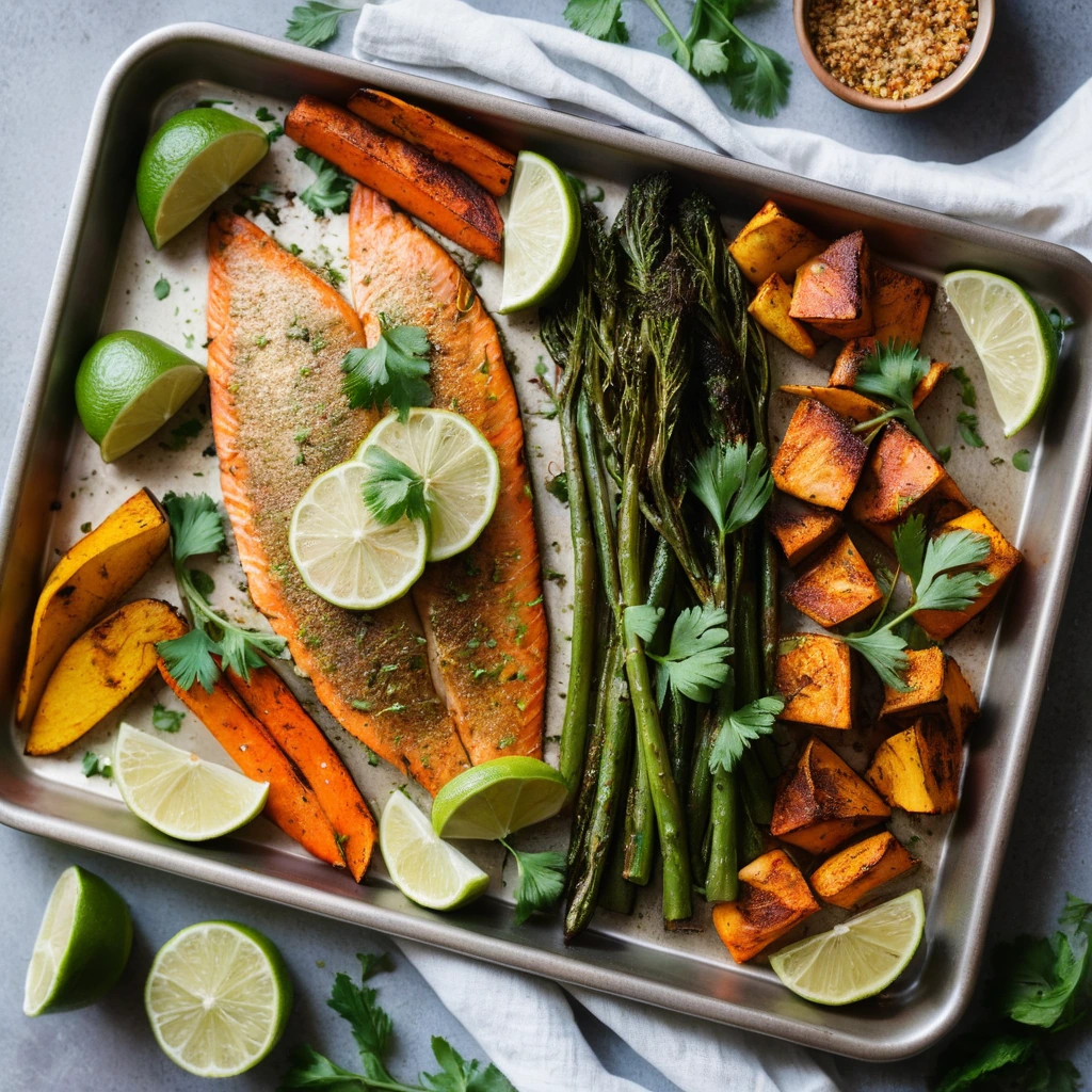 Sheet pan with golden tilapia fillets and colorful roasted vegetables, sprinkled with fresh cilantro.