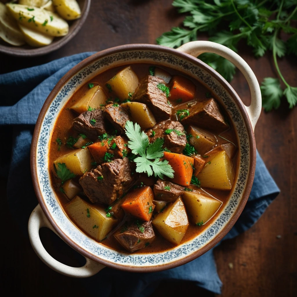 Rich golden-brown stew in a rustic bowl, garnished with fresh parsley.