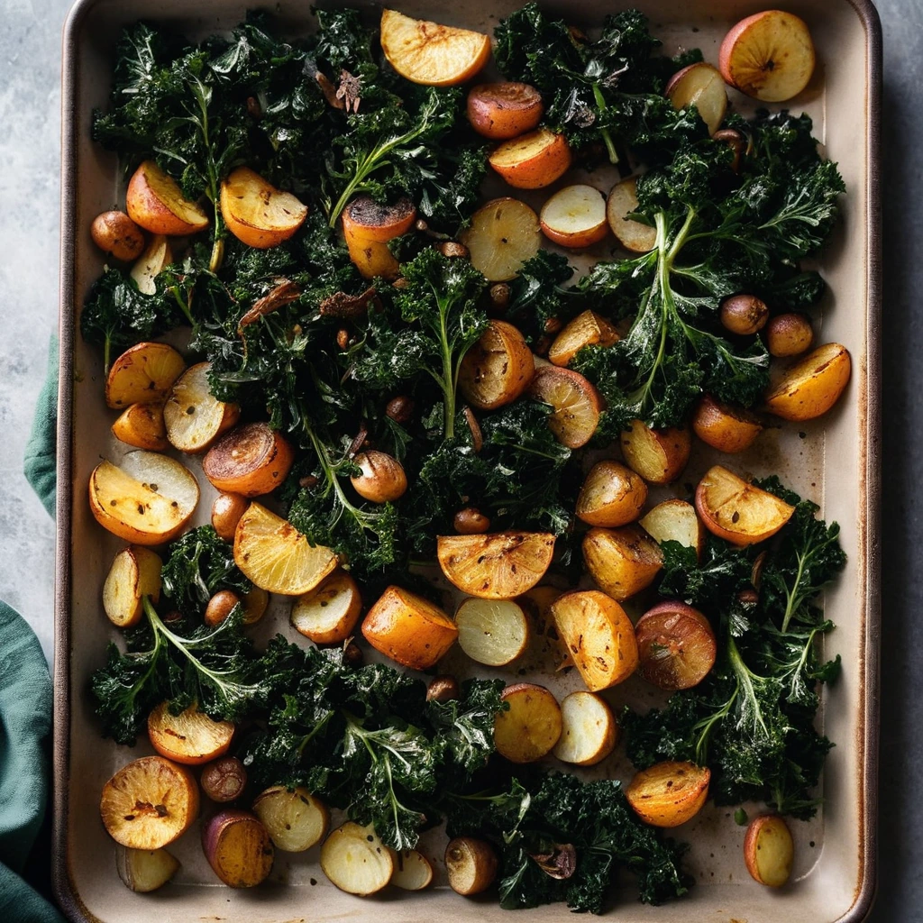 Sheet pan with golden roasted potatoes and dark green kale, seasoned with smoky paprika and scattered with crispy edges.
