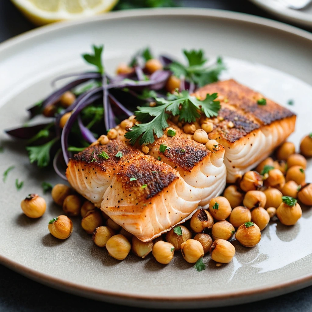 Golden roasted cod fillets and chickpeas on a parchment-lined baking sheet, dusted with paprika and garnished with fresh parsley.