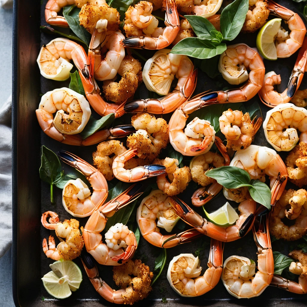 Golden roasted cauliflower and pink shrimp in a roasting pan, sprinkled with paprika