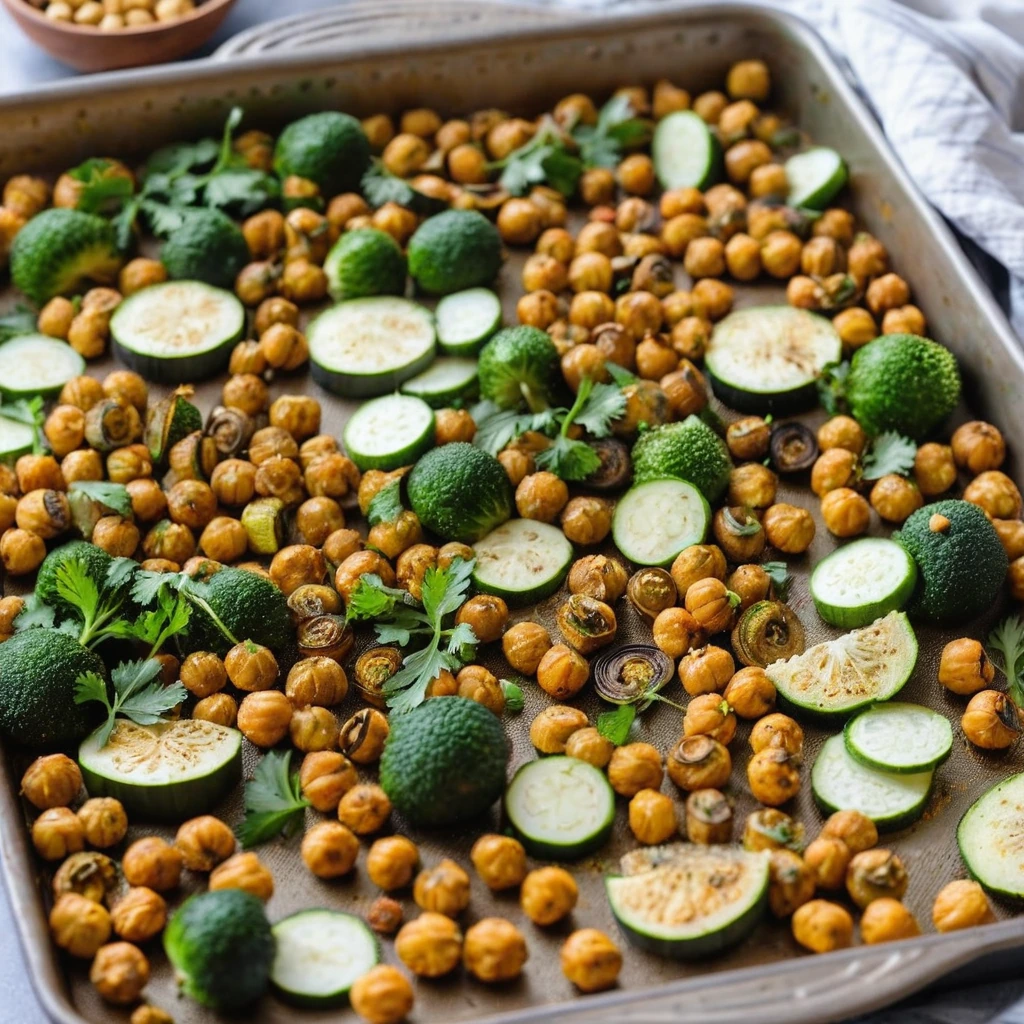 colorful roasted zucchini and chickpeas on a sheet pan with golden edges and a sprinkle of fresh parsley