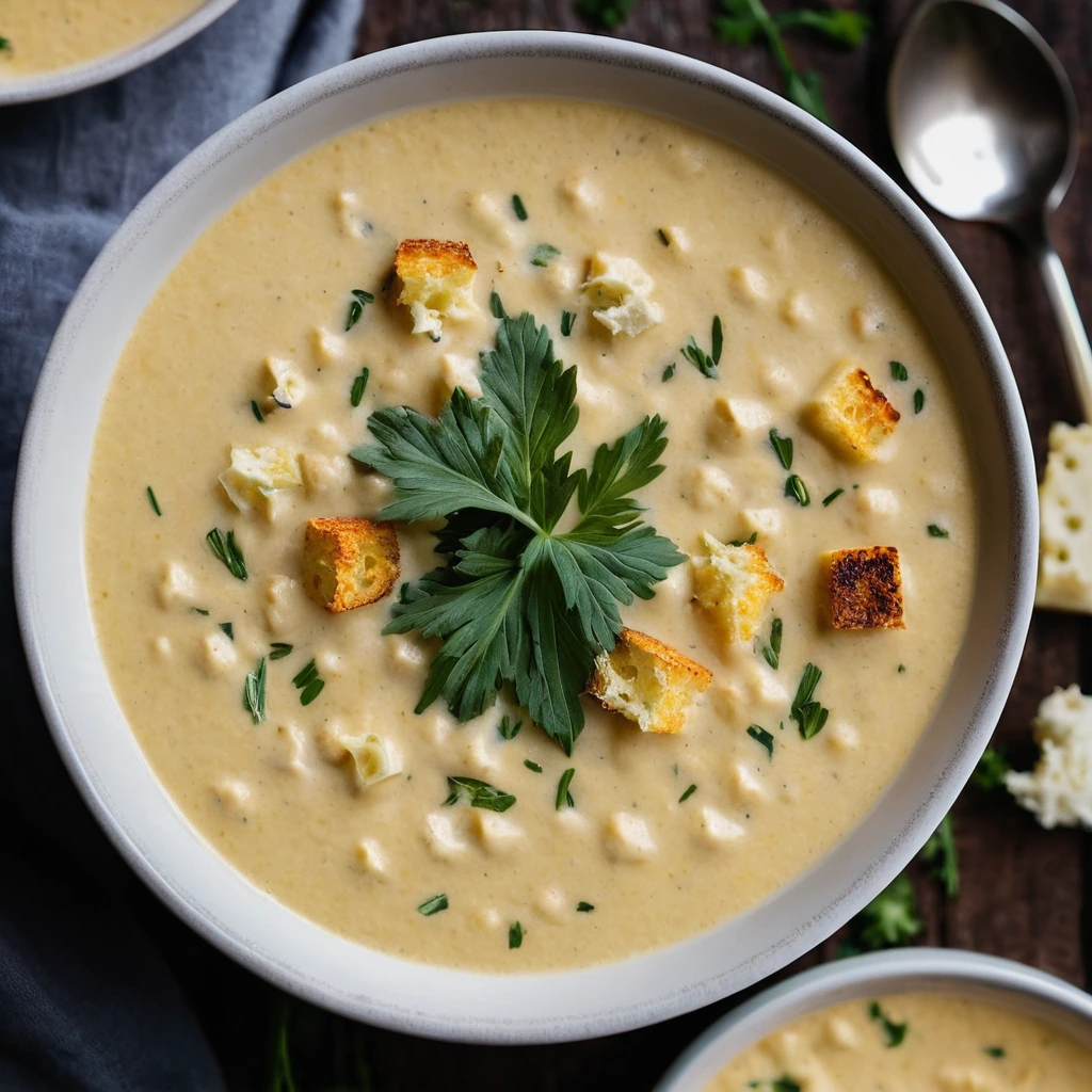 Creamy golden soup with roasted cauliflower florets and a sprinkle of cheddar cheese in a rustic bowl.