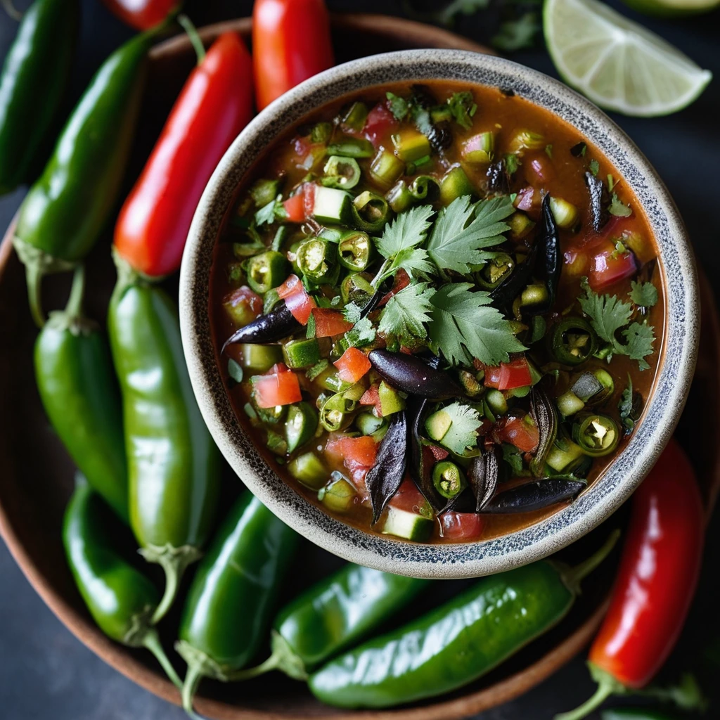 Vibrant red and green salsa in a shallow bowl with charred jalapeños and cilantro leaves