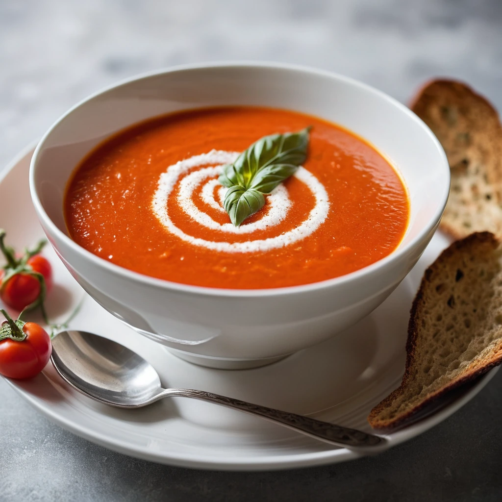 Bowl of vibrant orange soup with a swirl of cream on top, garnished with fresh basil.