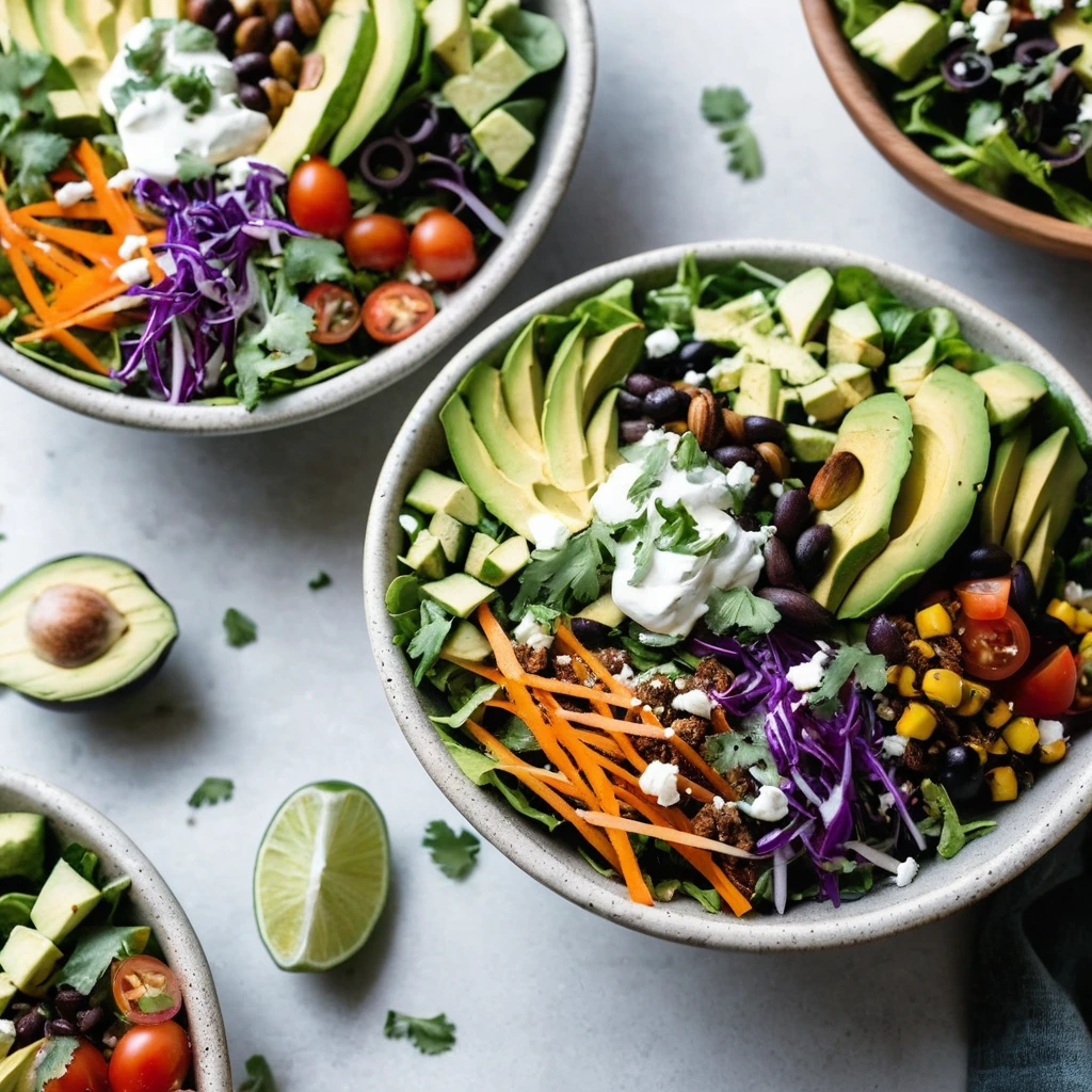Colorful salad bowls with roasted vegetables over greens, topped with cheese and avocado slices.