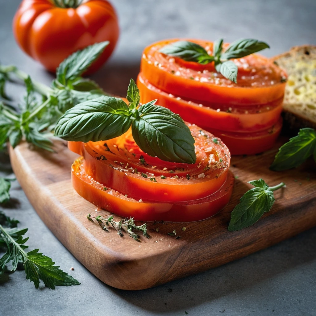 Golden bread slices with a vibrant orange-red spread, garnished with fresh herbs.