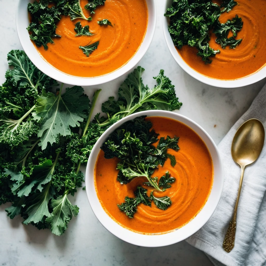 Bowl of vibrant orange soup with green kale leaves floating, garnished with fresh herbs.
