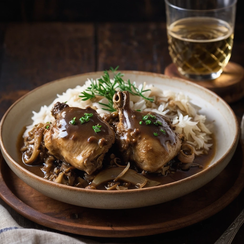 golden chicken thighs smothered in a dark, glossy gravy, flecked with caramelized onions in a rustic serving dish