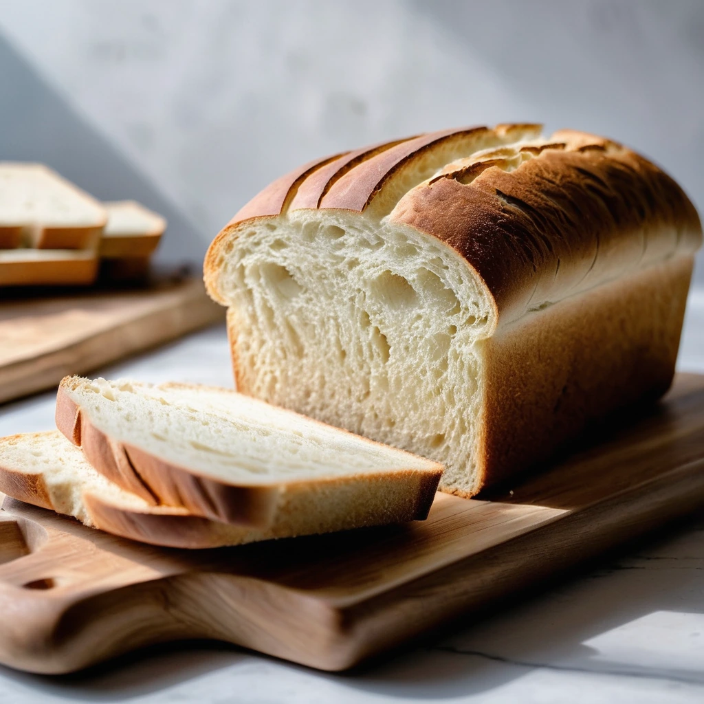 Golden loaf of bread on a wooden board with a few slices pulled apart revealing soft interior.