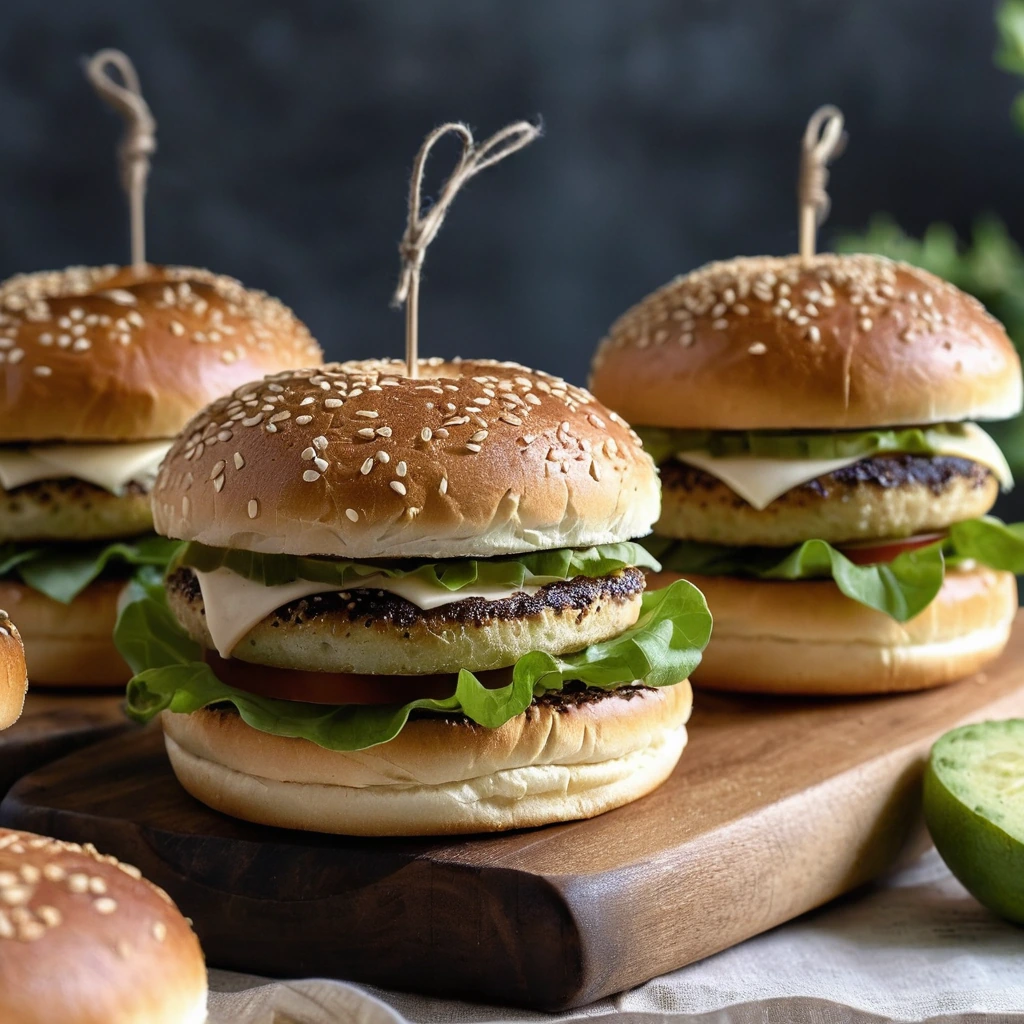 Golden-brown brioche burger buns on a wooden board with sesame seeds sprinkled on top