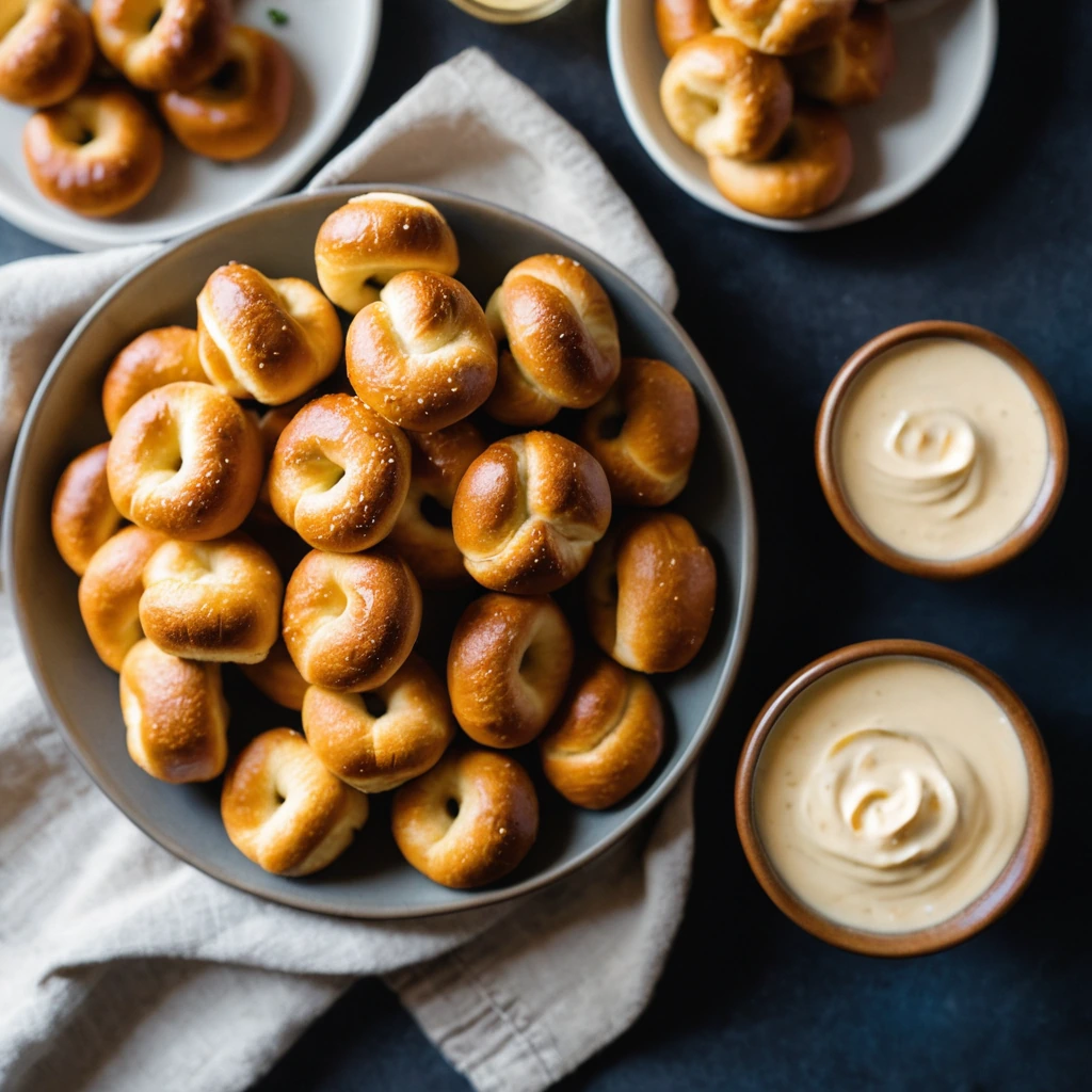 Baked golden pretzel bites in a bowl with a creamy orange dip on the side.