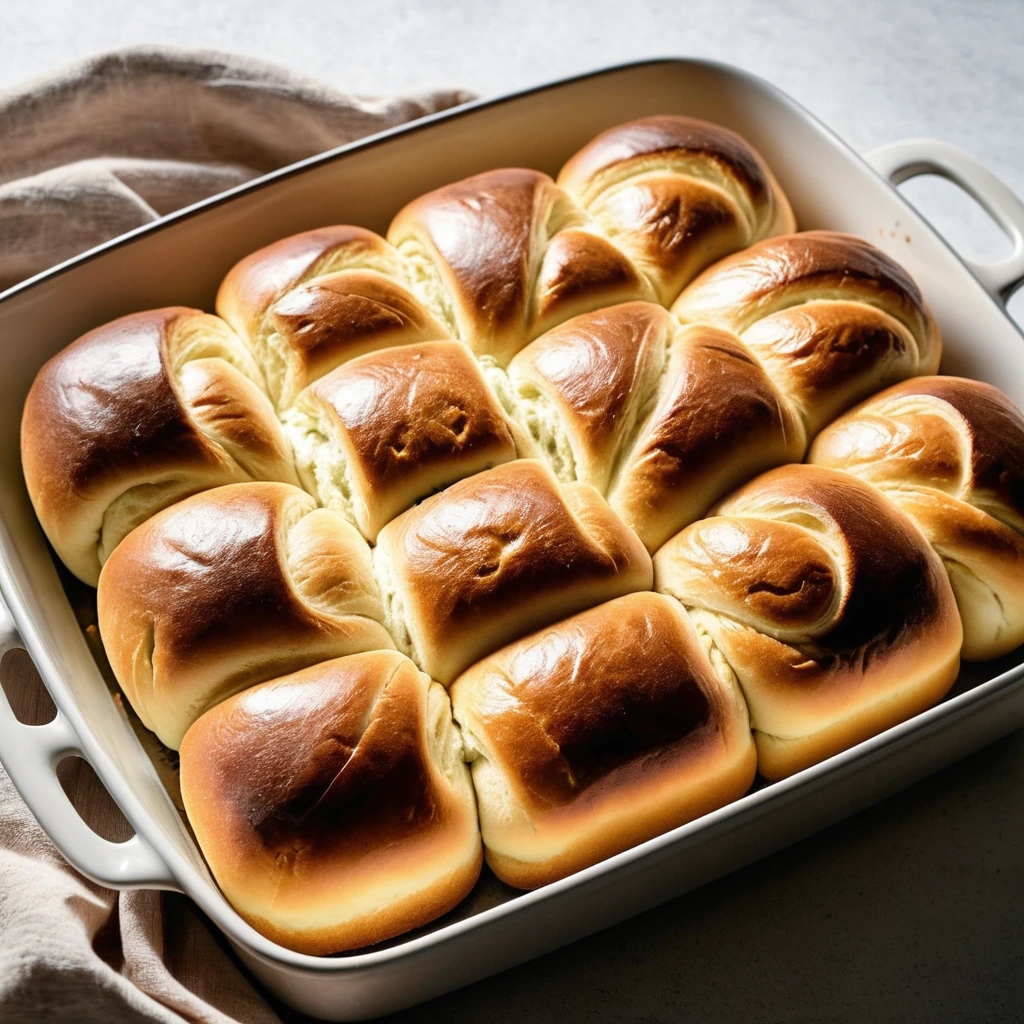 Warm golden rolls in a round baking dish, lightly brushed with butter.