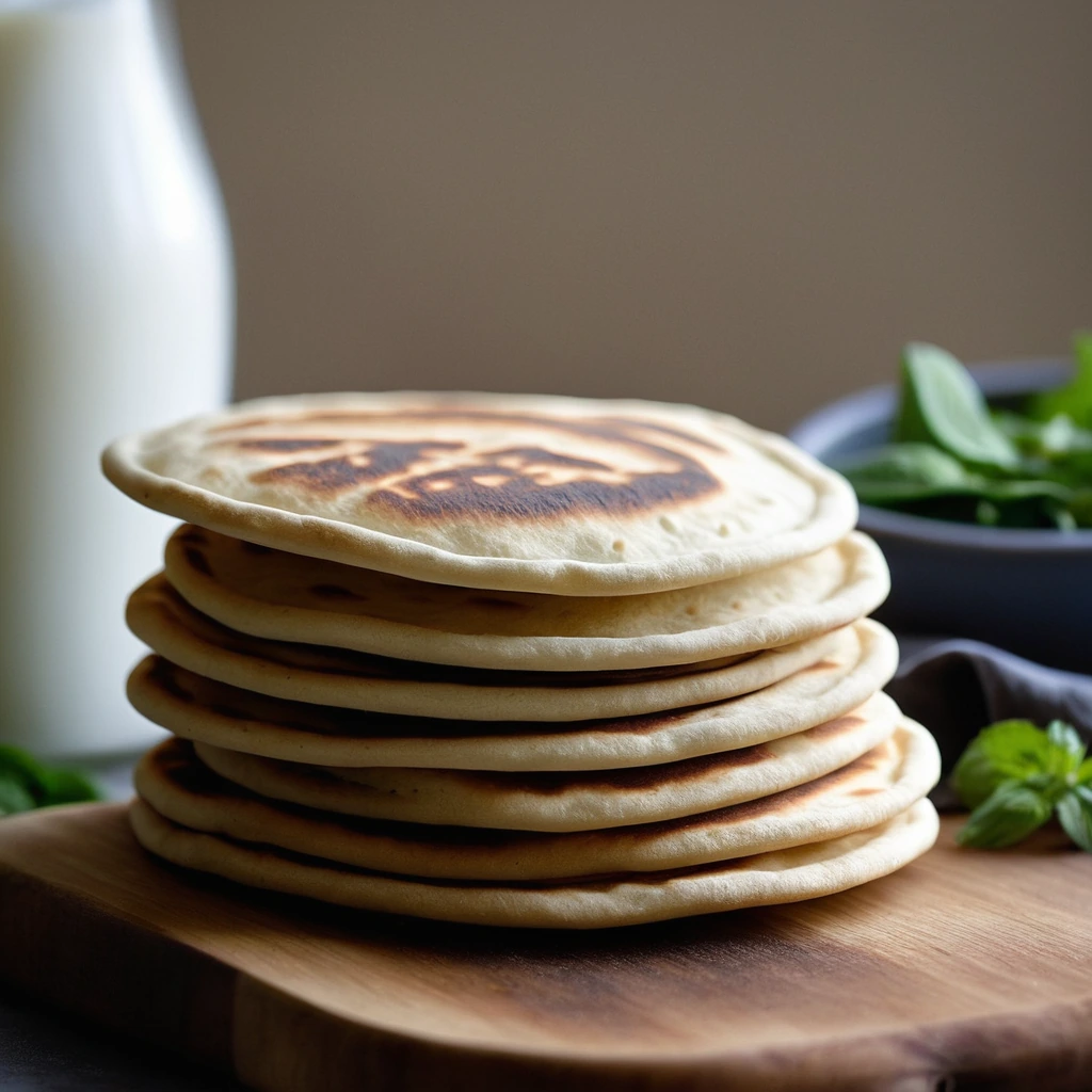 Stack of golden-brown flatbreads on a wooden board
