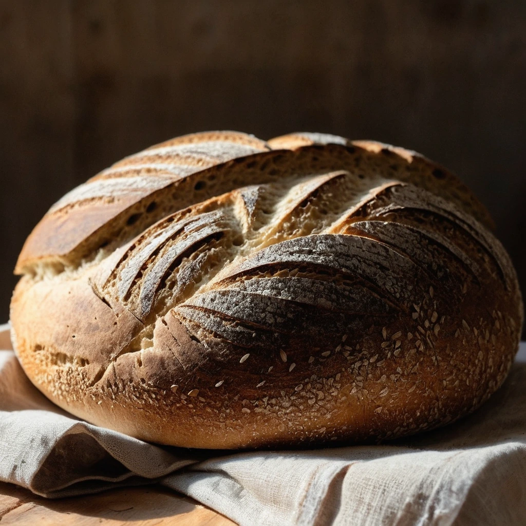 Golden sourdough loaf with a shiny crust, scored top, served on a wooden board.