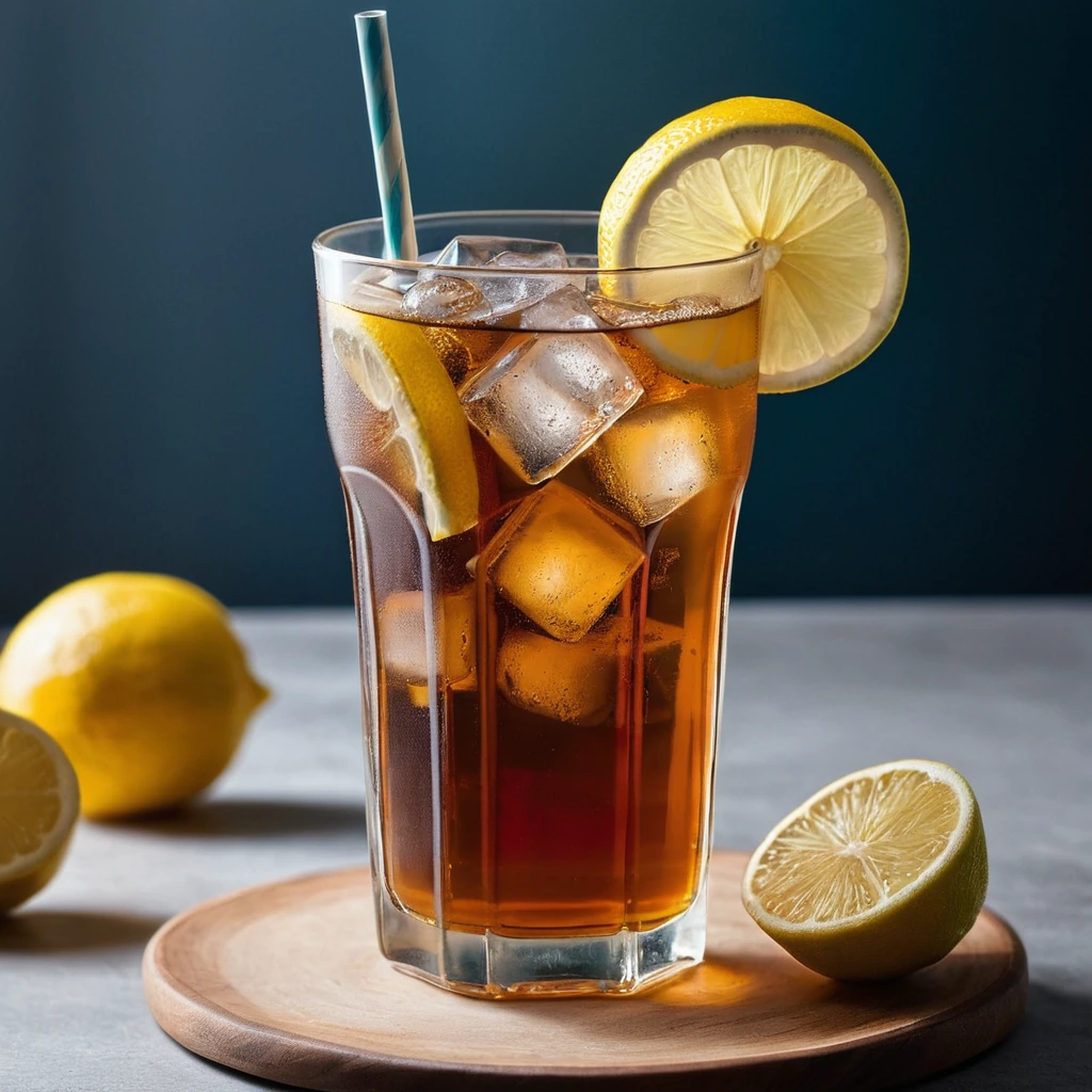 Tall glass of amber-colored sweet tea with ice cubes and a lemon wedge.