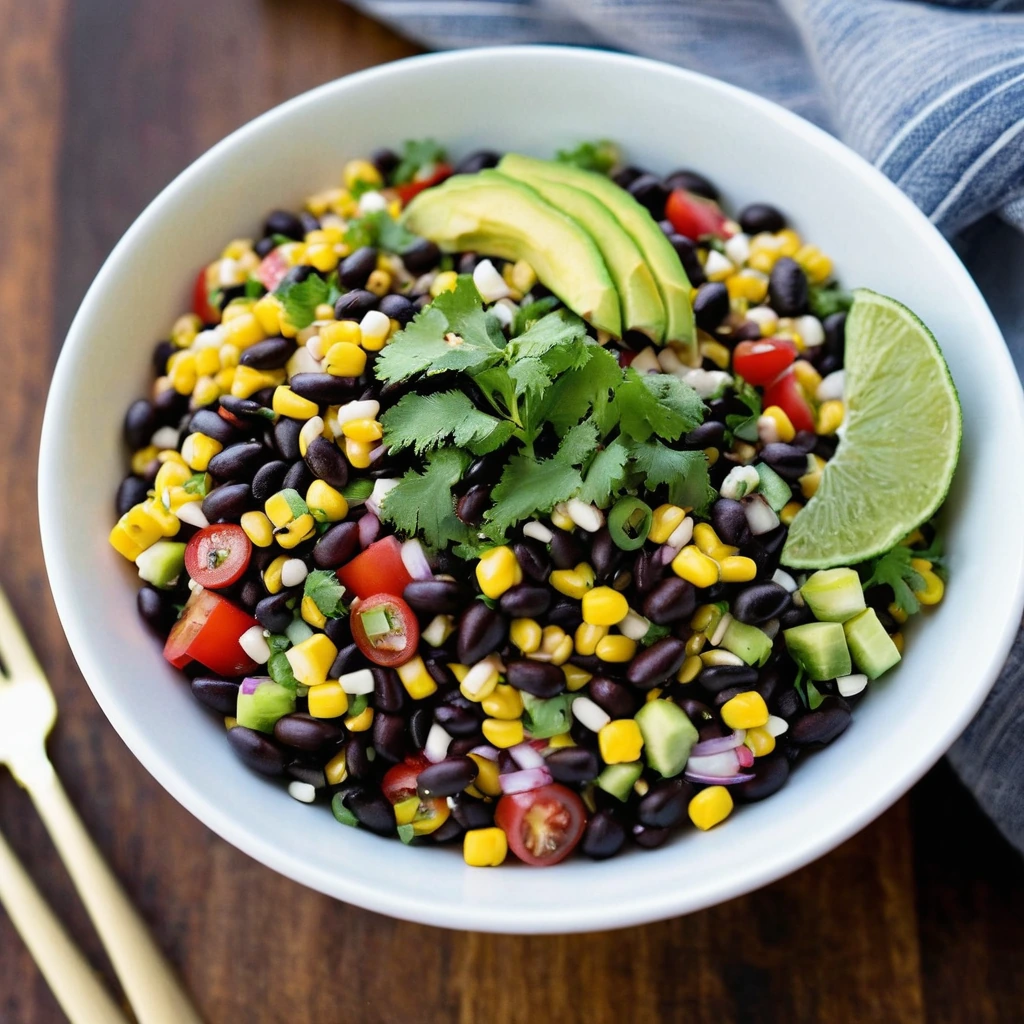 Colorful chopped salad in a white bowl with vibrant green, red, and yellow hues, garnished with fresh cilantro.