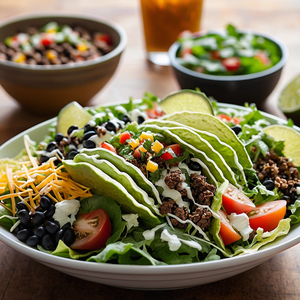 Vibrant bowl of greens topped with seasoned ground beef, cheese, tomatoes, and a drizzle of smoky dressing