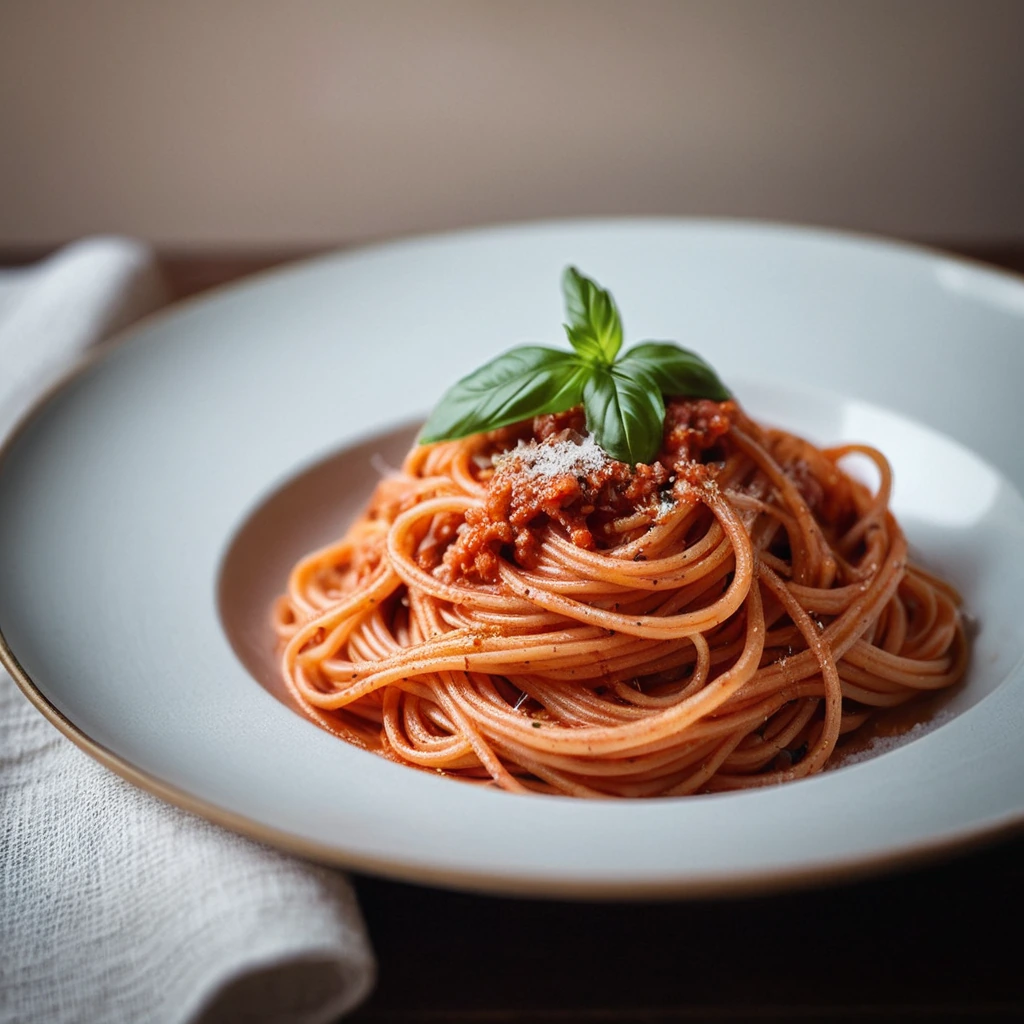 Twisted golden spaghetti in a vibrant red sauce, garnished with fresh parsley.