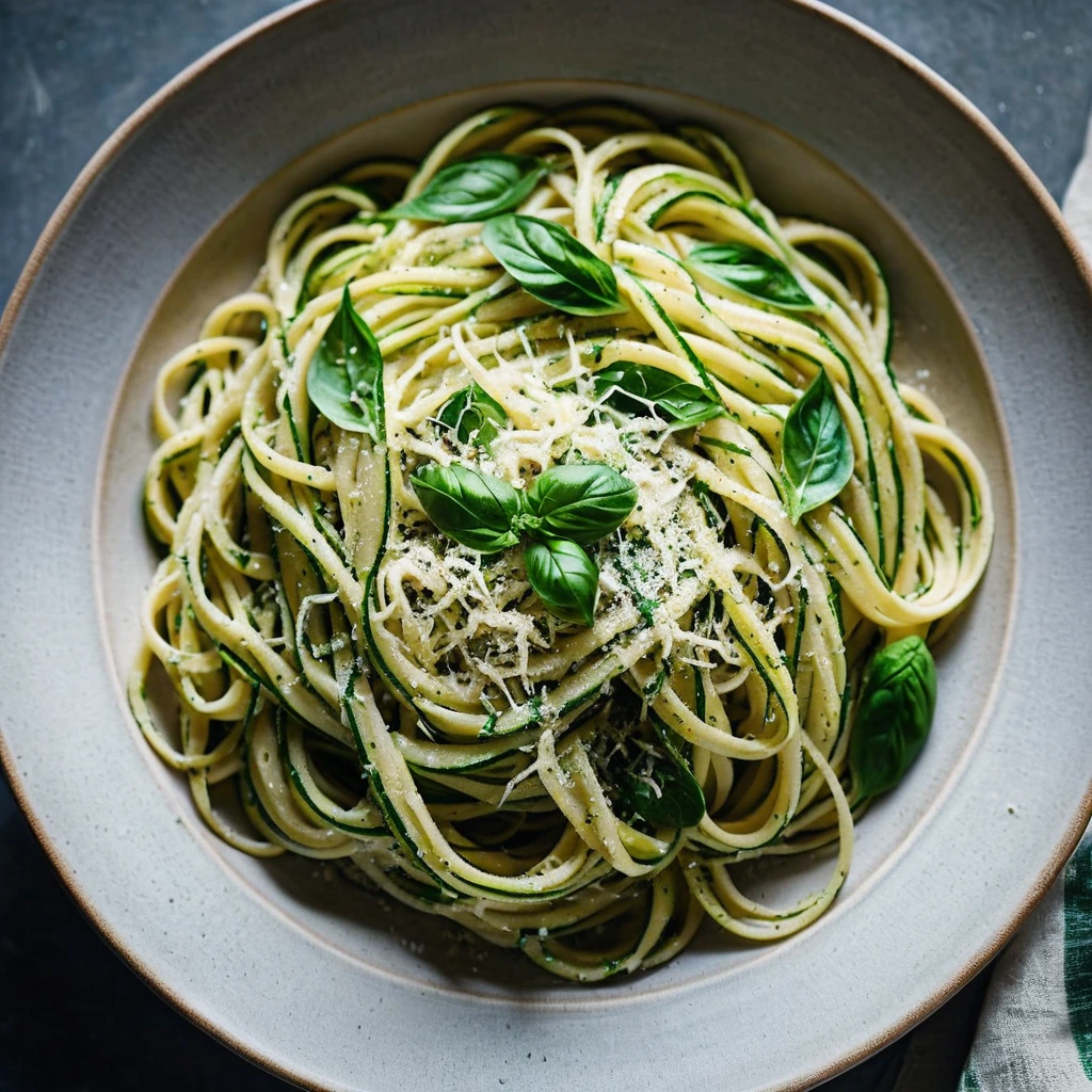 Golden ribbons of zucchini twirled with creamy potato, topped with grated Parmesan in a rustic pasta bowl.