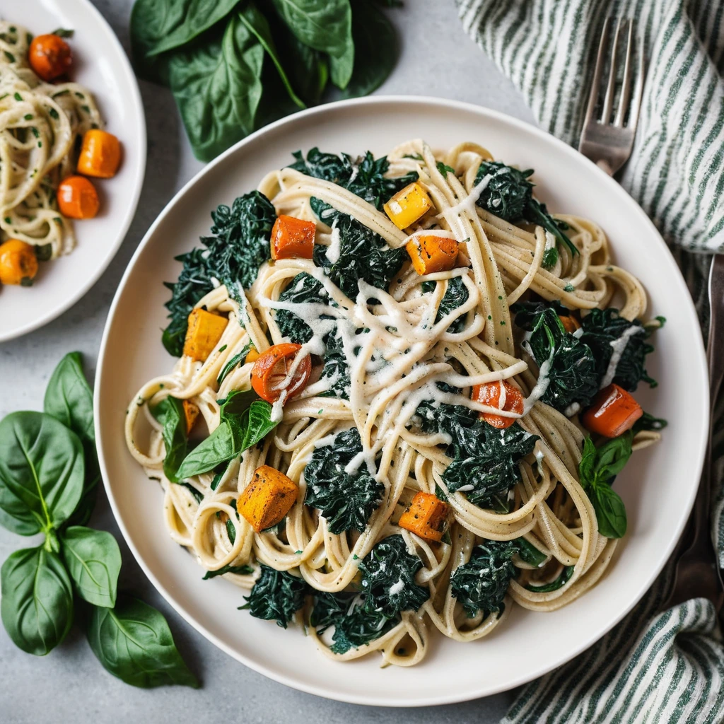 Plate of spaghetti topped with creamy alfredo sauce, sautéed spinach, and golden roasted vegetables.