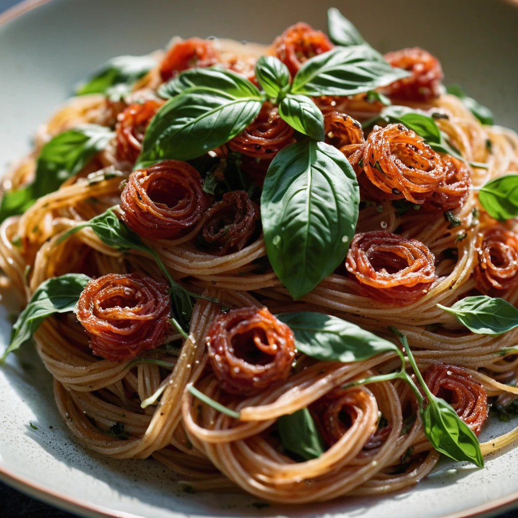 Golden brown crispy prosciutto atop a bed of vibrant green spaghetti twirled with sun-dried tomato pesto.