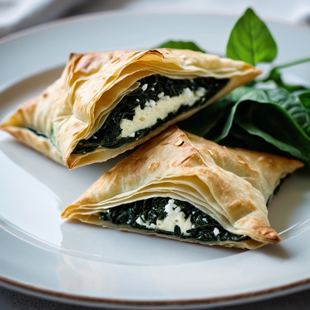 Golden spanakopita triangles with a crispy phyllo crust, filled with vibrant green spinach and feta.