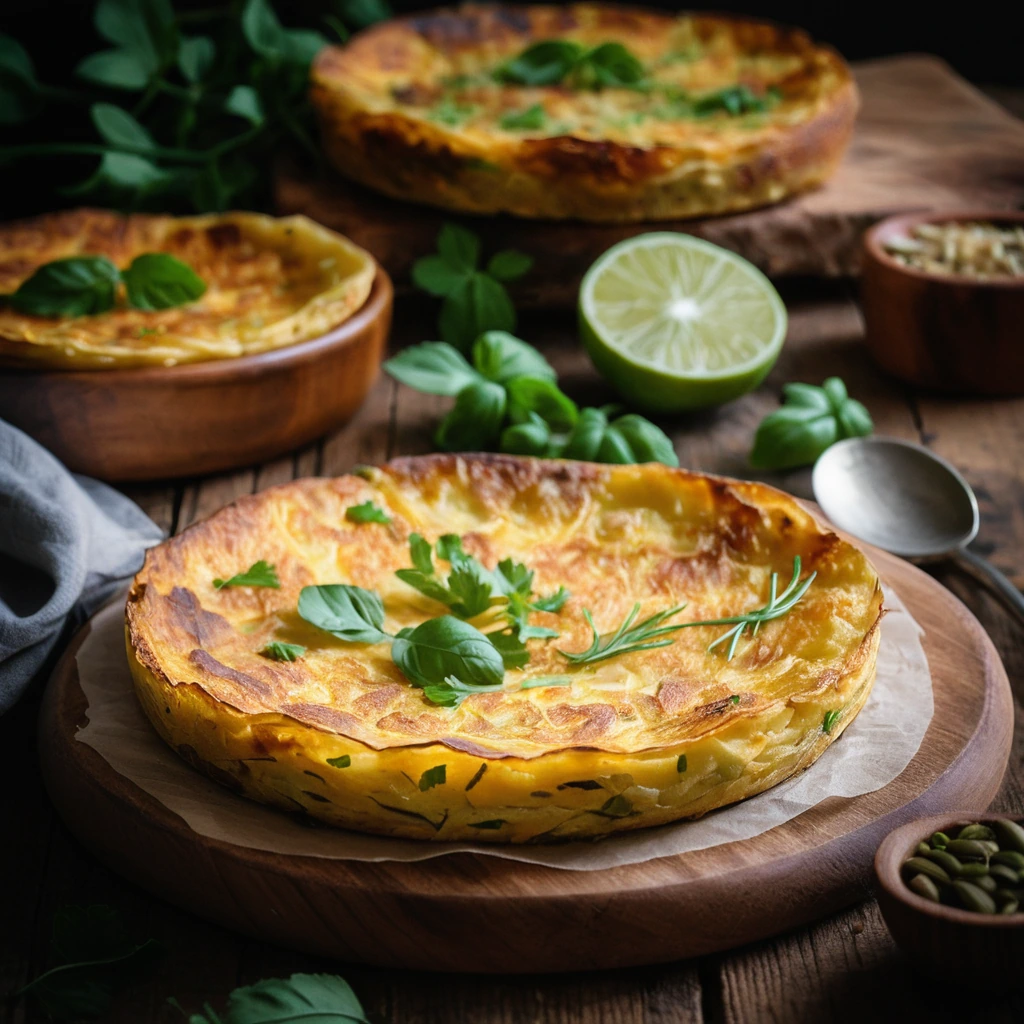 A round, golden Spanish tortilla with a slightly crispy edge served on a rustic wooden board.