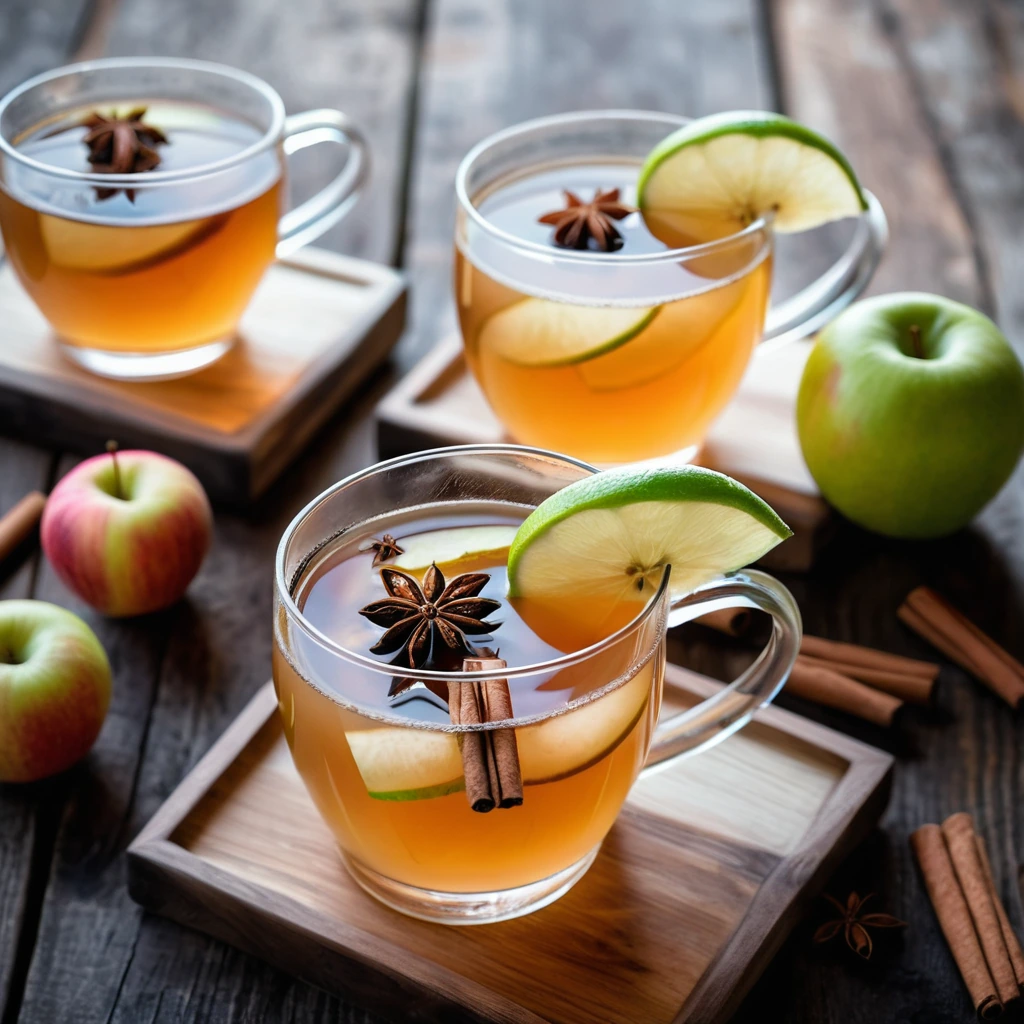 Steaming mugs of amber liquid garnished with apple slices and cinnamon sticks on a rustic wooden table.