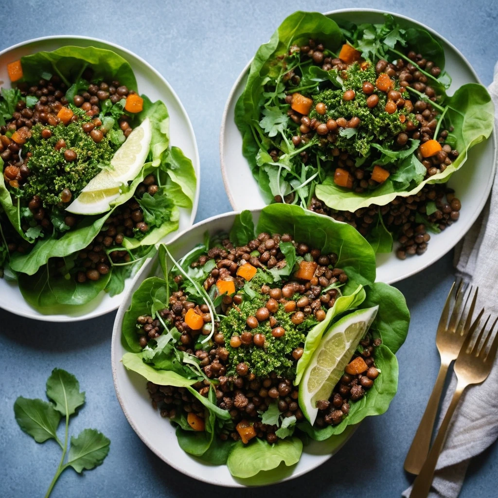 Colorful lettuce leaves stuffed with a mix of golden lentils and spiced lamb.