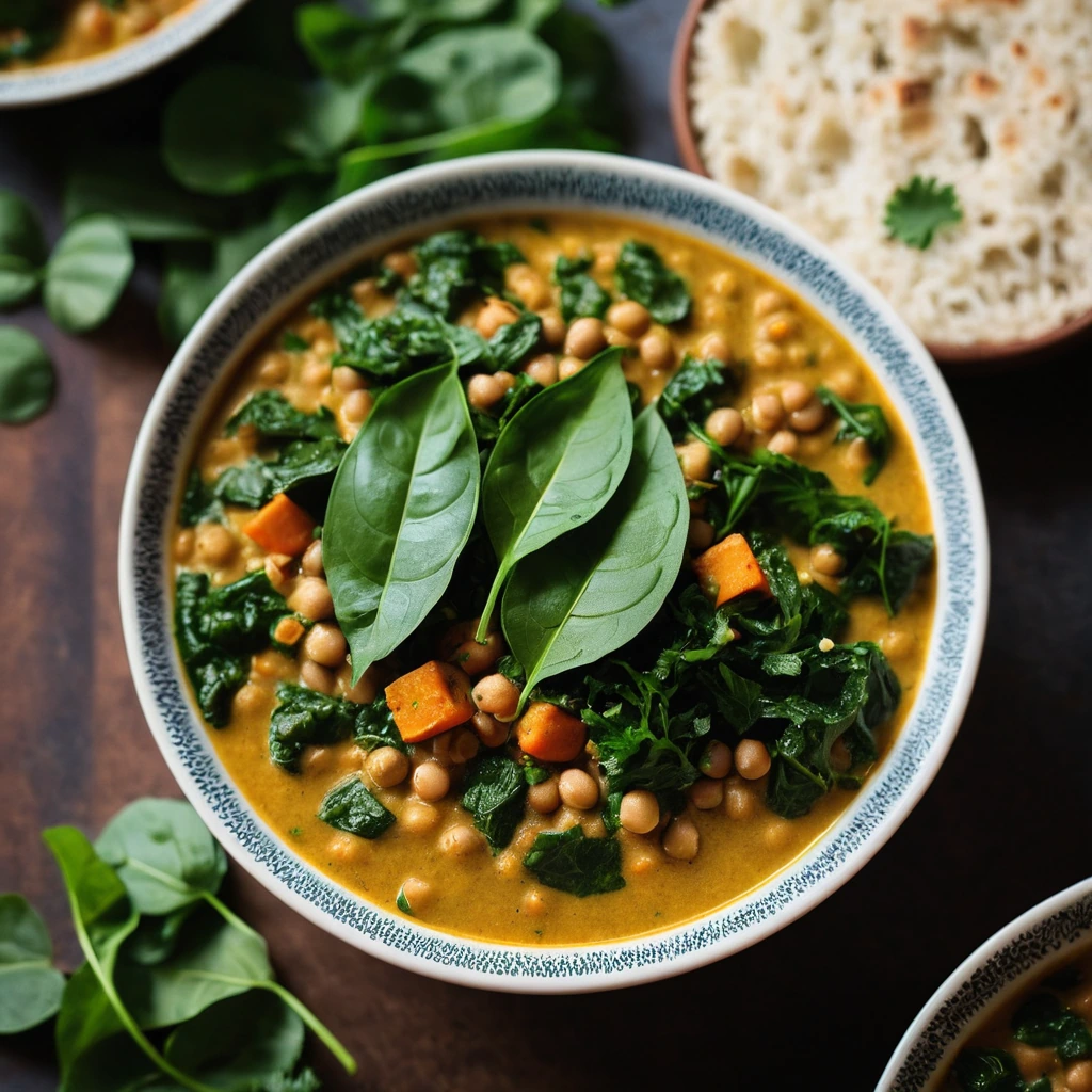 Golden stew with green spinach leaves in a bowl, garnished with fresh cilantro.
